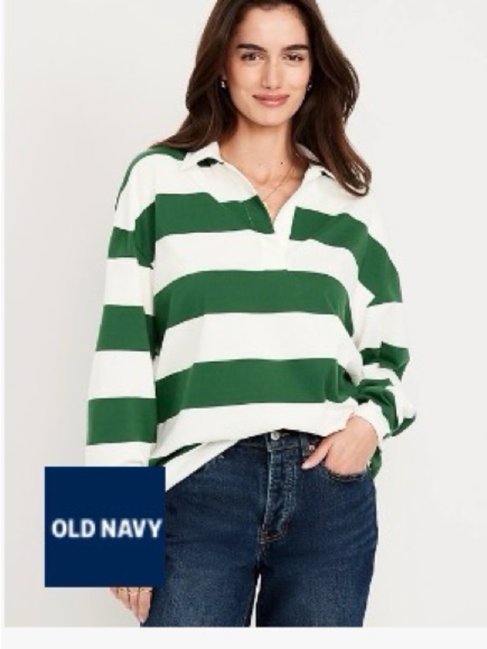 Old Navy Green and White Striped Rugby Pullover